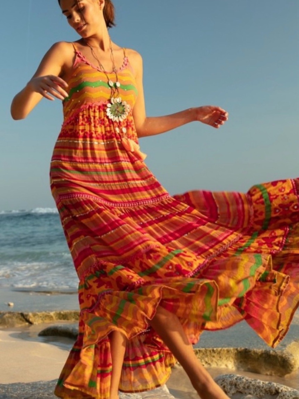 Striped Orange & Pink Maxi Dress with Green Accents